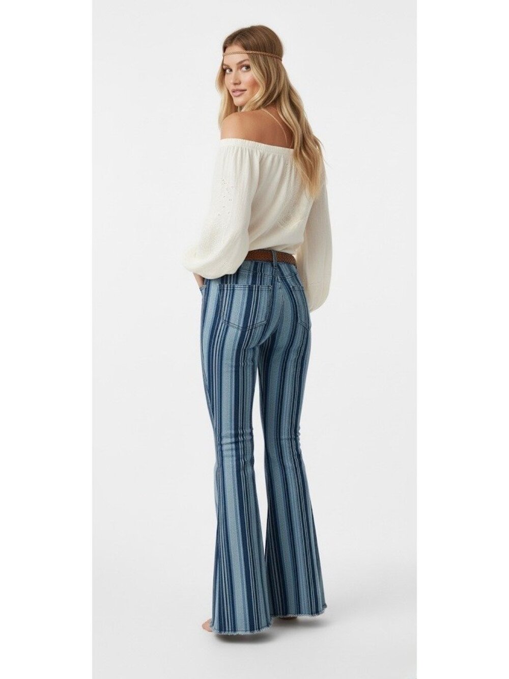 RARE NWT Free People Blue Stripe Super Flare Bell Bottom Jeans | Costal Cowgirl - Picture 8 of 16